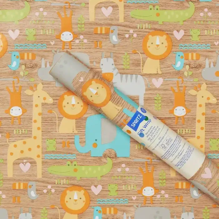 8×2.5‘ Baby Animals on Woodgrain Baby Shower Gift Wrapping Paper – Spritz™