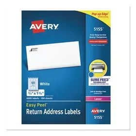 Avery AVE5155 Easy Peel White Address Labels w/ Sure Feed Technology, Laser Printers, 0.66 x 1.75, White, 60/Sheet, 100 Sheets/Pack, Price/BX