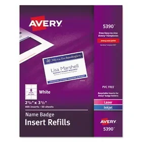 Avery AVE5390 Name Badge Insert Refills, Horizontal/Vertical, 2 1/4 x 3 1/2, White, 400/Box, Price/BX