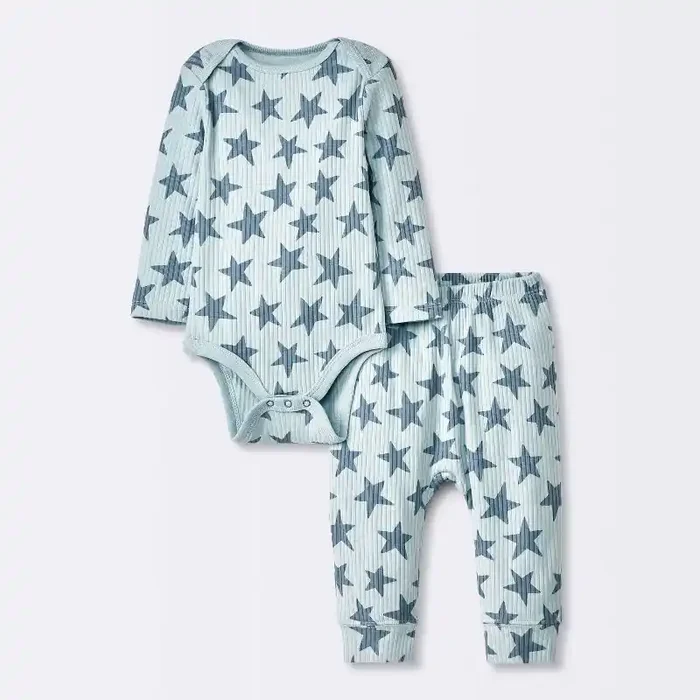 Baby 2pc Stars Wide Ribbed Top & Bottom Set – Cloud Island™ Blue Newborn Cotton Bodysuit & Pull-On Pant, Crotch Snap