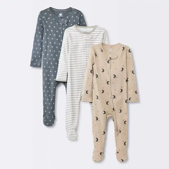 Baby 3pk Cotton Moons Sleep N‘ Play – Cloud Island™ Gray Newborn Footed Pajamas, Long Sleeve, Mitten Cuff, Inverted Zipper