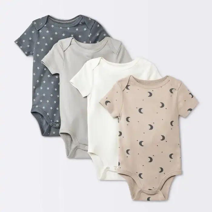 Baby 4pk Short Sleeve Moons Bodysuit – Cloud Island™ Gray 12M 100% Cotton, Midweight Fabric, Crotch Snap Closure
