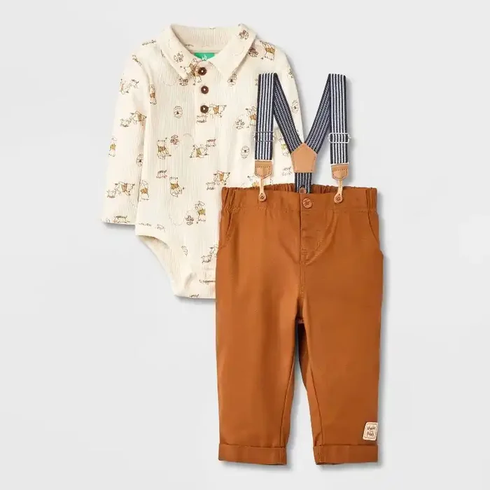 Baby Boys‘ 2pc Disney Winnie the Pooh Long Sleeve Bodysuit & Pants Suspender Set – Brown 12M