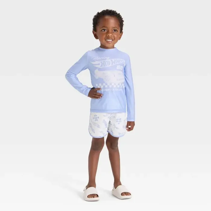 Baby Boys‘ Hot Wheels Racing Long Sleeve Rash Guard Swim Set – Light Blue 18M