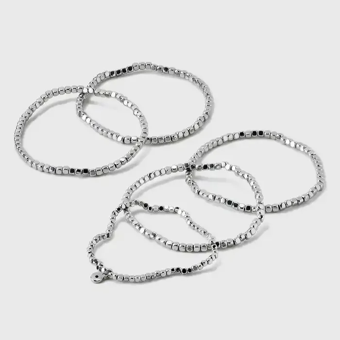 Beaded Stretch Bracelet Set 5pc – Universal Thread™ Silver Recycled Brass, One Size Fits Most, 2.5″ Length