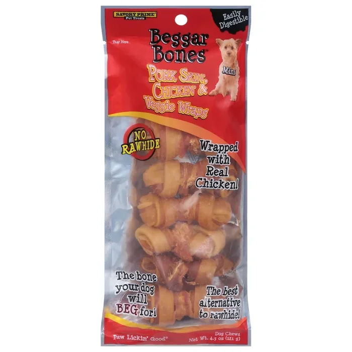 Beggar Bones Pork Skin, Chicken & Veggie Wraps Dog Chews 4.3 oz