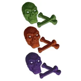Beistle 00829 Glittered Plastic Skull & Bones, asstd colors, 5″ & 5¼”, Price/3/Pkg