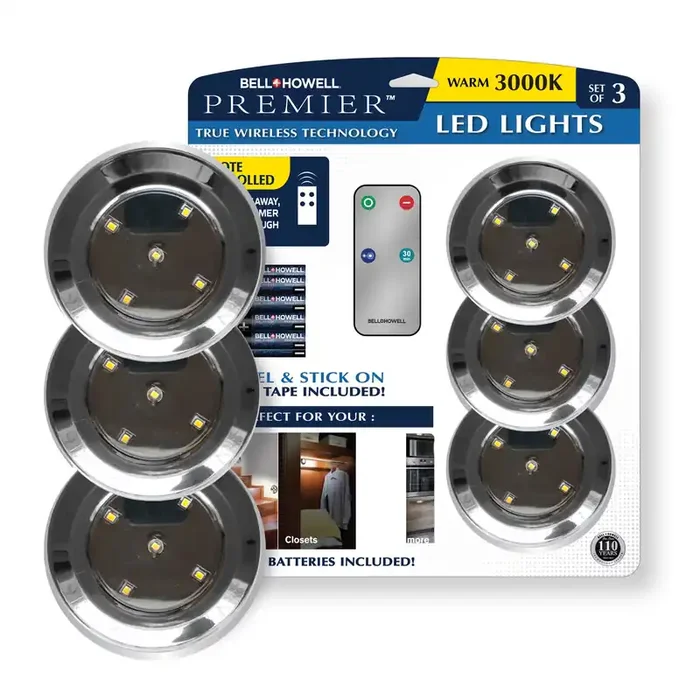 BELL + HOWELL Bell+Howell 3 -Pack 3.54-in Battery LED Under Cabinet Puck Light with Remote