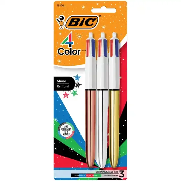 Bic 4-Color Shine Retractable Ballpoint Pens, Medium Point, 1.0 Mm, Assorted Metallic Barrels, Assorted Ink Colors, Pack Of 3 Pens