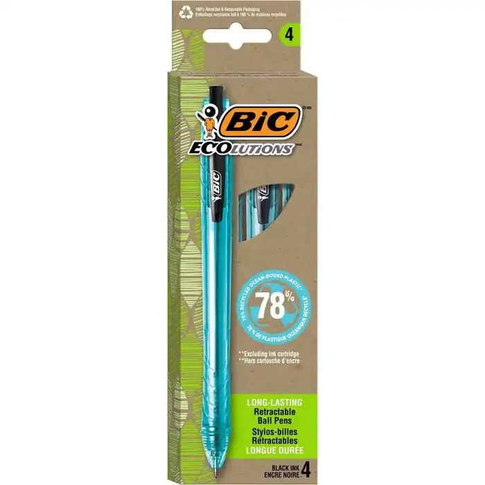 BiC 4pk ECOlutions Retractable Ballpoint Pens Black Ink Medium Point, Quick Drying, Stationery & Office Supplies