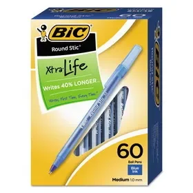 Bic BICGSM609BE Round Stic Xtra Life Ballpoint Pen Value Pack, Stick, Medium 1 mm, Blue Ink, Translucent Blue Barrel, 60/Box, Price/BX