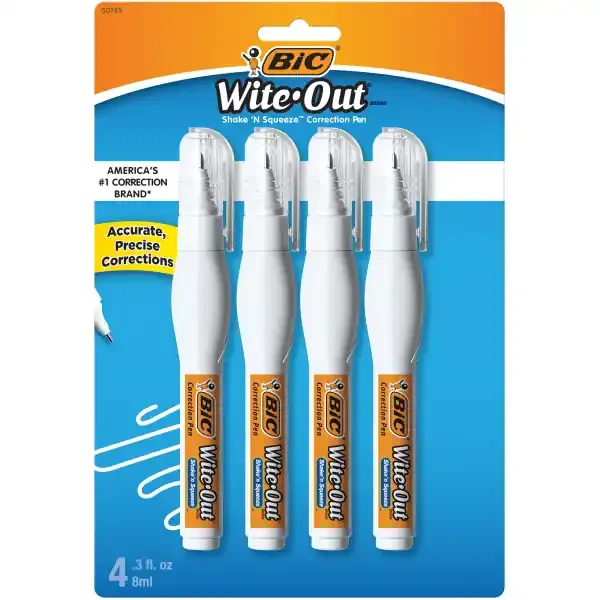 BIC Wite-Out Shake ‘N Squeeze Correction Pen, 8 ml, Pack Of 4