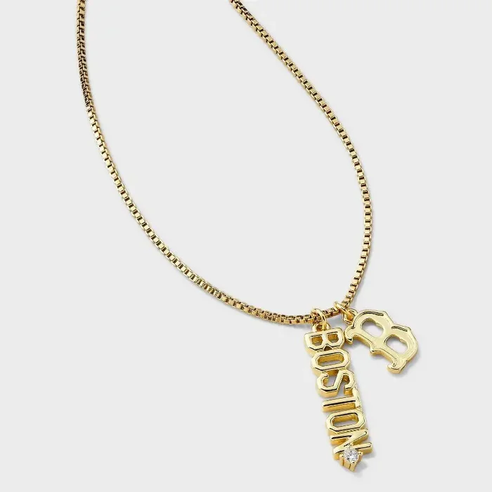 Bijoux Sport by Luv Aj MLB Gold Cubic Zirconia Charm Necklace – Boston Red Sox Brass Chain, 16″ Length