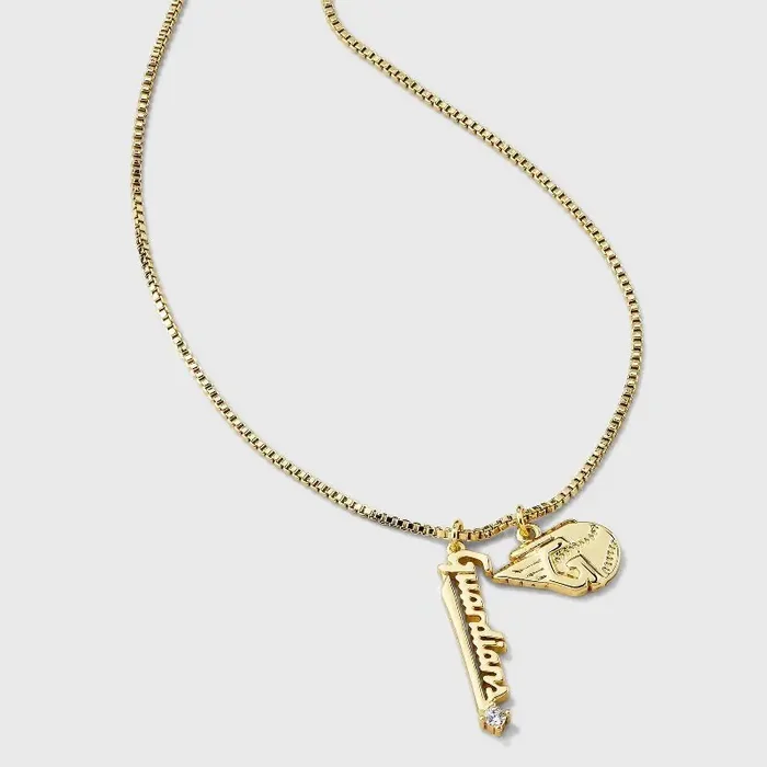 Bijoux Sport by Luv Aj MLB Gold Cubic Zirconia Charm Necklace – Cleveland Guardians Brass Chain, 16″ Length, Lobster Claw Clasp