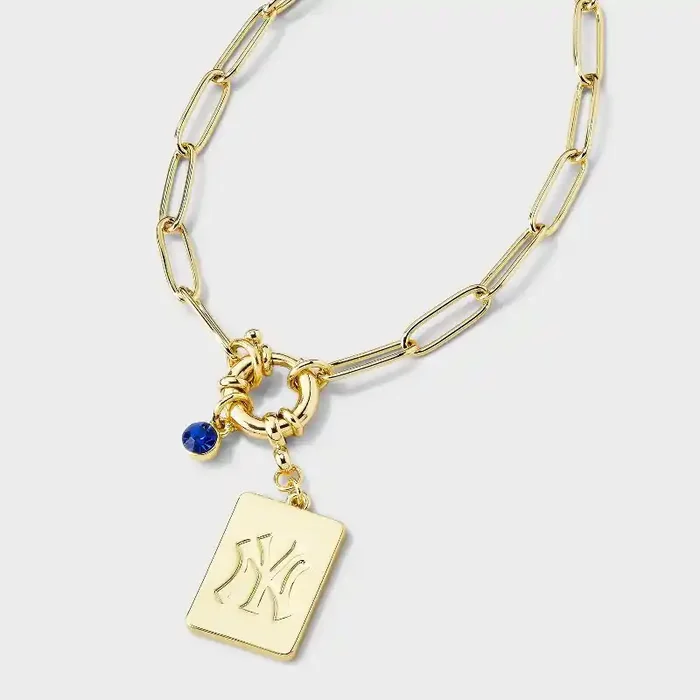 Bijoux Sport by Luv Aj MLB Gold Dog Tag Cubic Zirconia Charm Necklace – New York Yankees Brass Chain, 16″ Length