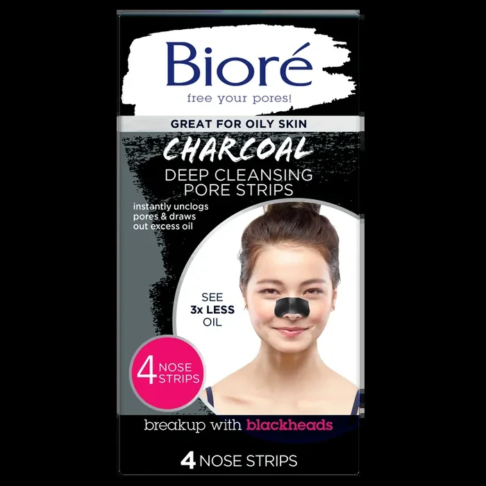 Biore Charcoal, Deep Cleansing Pore Strips, Nose Strips for Blackhead Removal on Oily Skin, with Instant Blackhead Removal and Pore Unclogging, Natural Charcoal, 3x Less Oil, 4 Ct