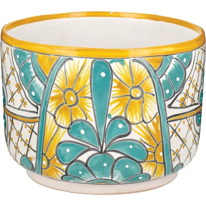Blue Orange Pottery Floral Low Cylinder Talavera Planter – Yellow