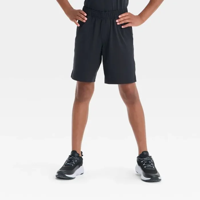 Boys‘ Active Light Woven Shorts – All In Motion™ Black XS Recycled Polyester, Spandex, UPF 50+, Zippered Pocket, Elastic Waistband