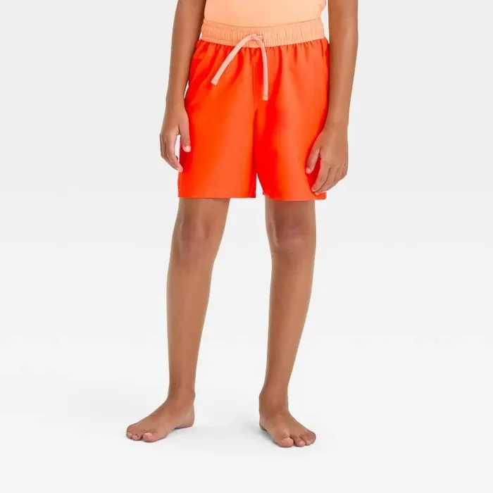 Boys‘ Colorblock Swim Shorts – Cat & Jack™ Orange L Recycled Polyester, UPF 50+, Built-in Brief, Elastic Waistband, 6.5″ Inseam