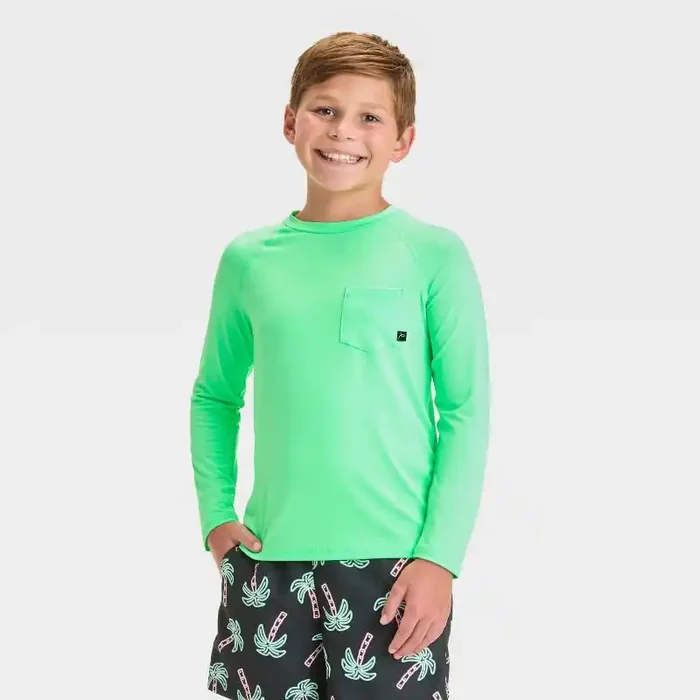 Boys‘ Long Sleeve Solid Rash Guard Top – art class™ Mint Green S UPF 50+, Fit, Recycled Polyester