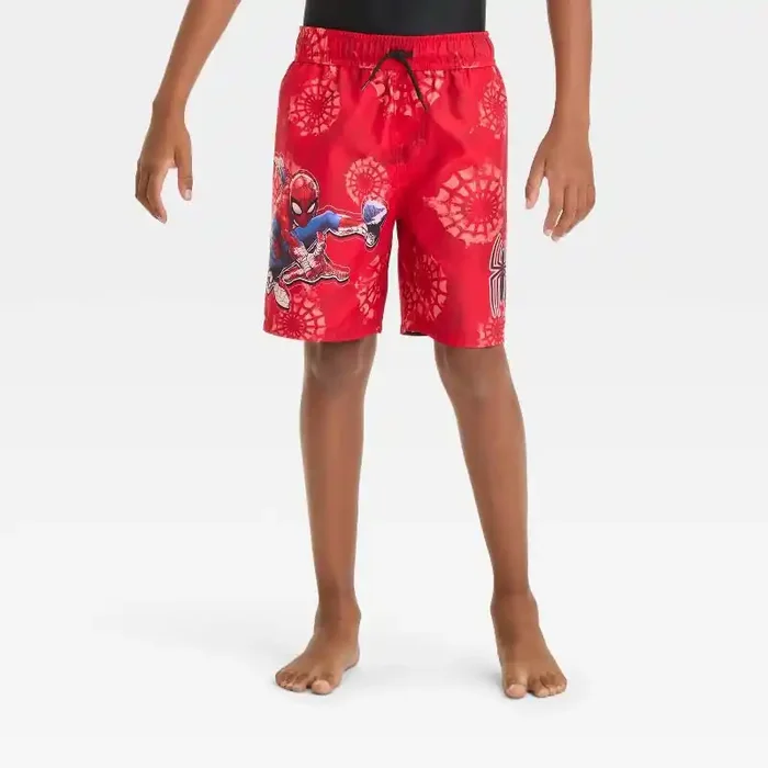 Boys‘ Solid Spider-Man Swim Shorts – Red M Polyester, Tagless, Mid Rise, UPF 50+, Microfiber