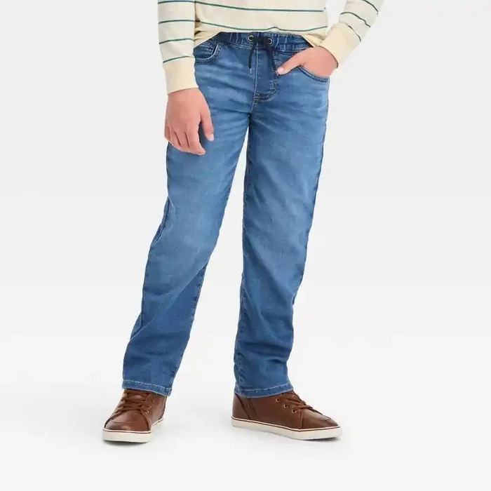 Boys‘ Straight Pull-On Pants – Cat & Jack™ Medium Wash 18 Super Stretch, Elastic Waistband
