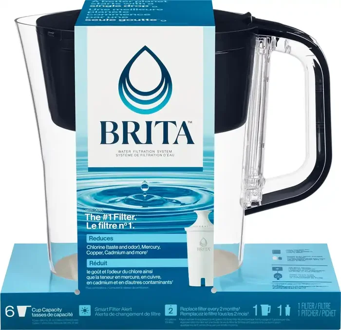 Brita Small 6 Cup Denali Water Filter Pitcher with 1 Brita Standard Filter, Made Without BPA, Black