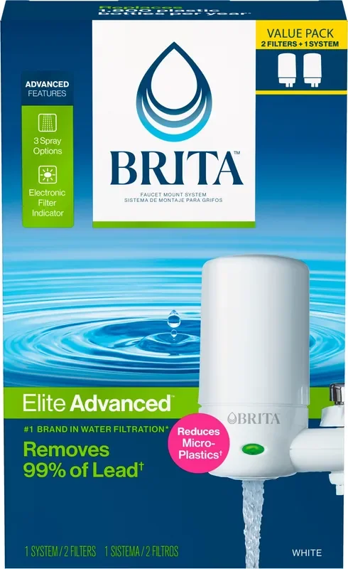Brita Tap Water Filter System, Water Faucet Filtration System with Filter Change Reminder, Reduces Lead, BPA Free, Fits Standard Faucets Only – Complete, White