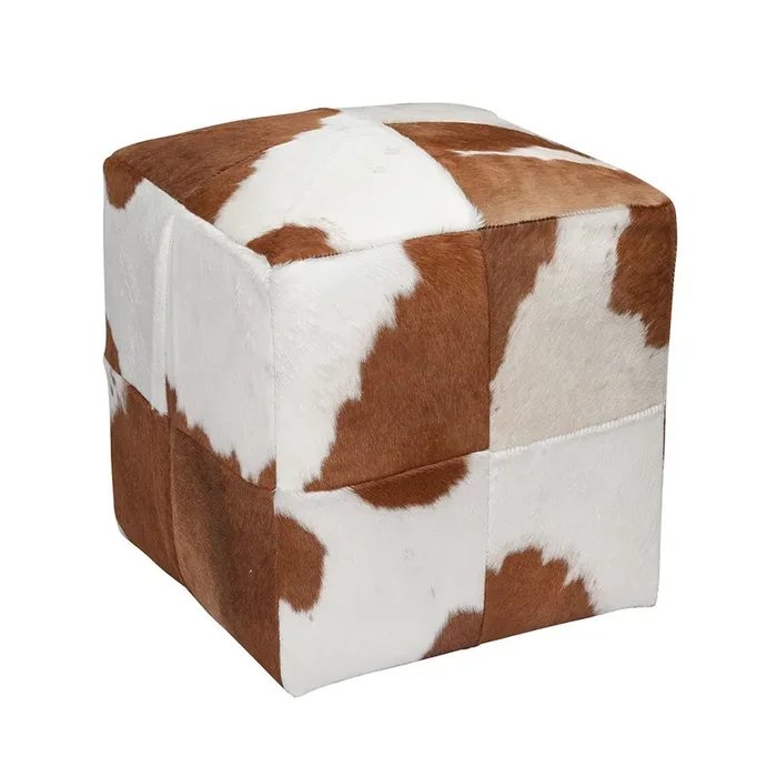 BS Trading Natural Cowhide Pouf – Brown & White
