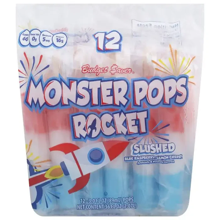 Budget Saver Slushed Blue Raspberry, Lemon, Cherry Monster Pops Rocket 12 – 3.0 fl oz Pops