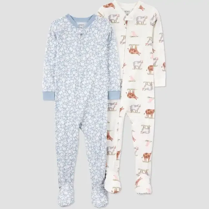 Carter‘s Just One You® Toddler Girls‘ 2pk Cotton Long Sleeve Farm and Floral Footed Pajama – Blue/White 2T