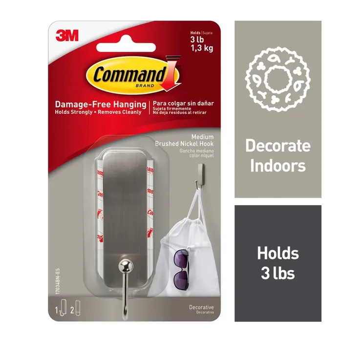 Command Medium Decorative Brushed Nickel Adhesive Storage/Utility hook ( 3.0-lb Capacity)
