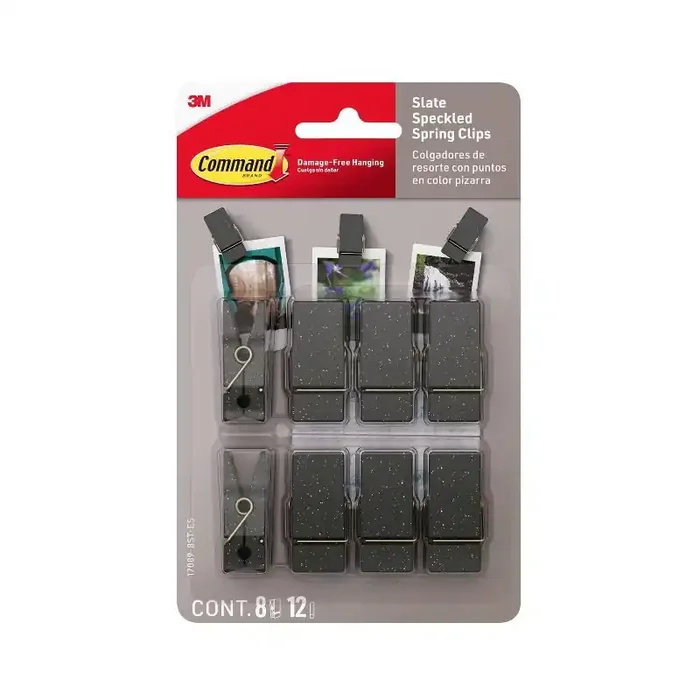 Command Spring Clips 8 Hooks and 12 Strips Slate Speckle