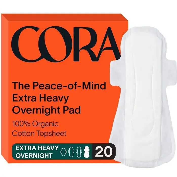 Cora Extra Heavy Overnight Pads with Wings Organic Cotton Topsheet – Ultra Thin – 20ct