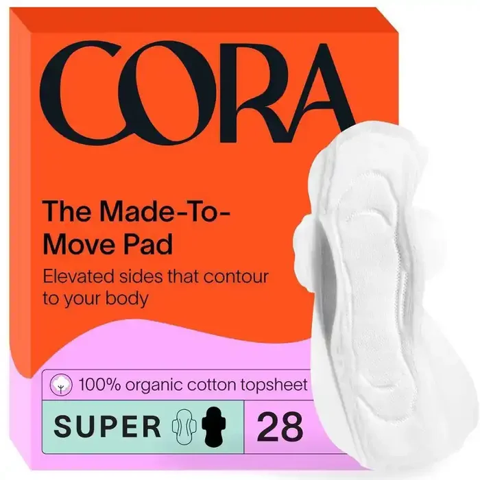Cora Made-to-Move Super Pads with Wings Organic Cotton Topsheet Ultra Thin – Super Absorbency – 28ct