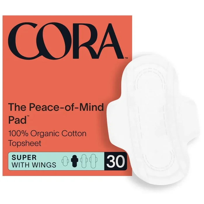 Cora Organic Cotton Ultra Thin Super Fragrance Free Pads with Wings for Periods – Super Absorbency – 30ct.