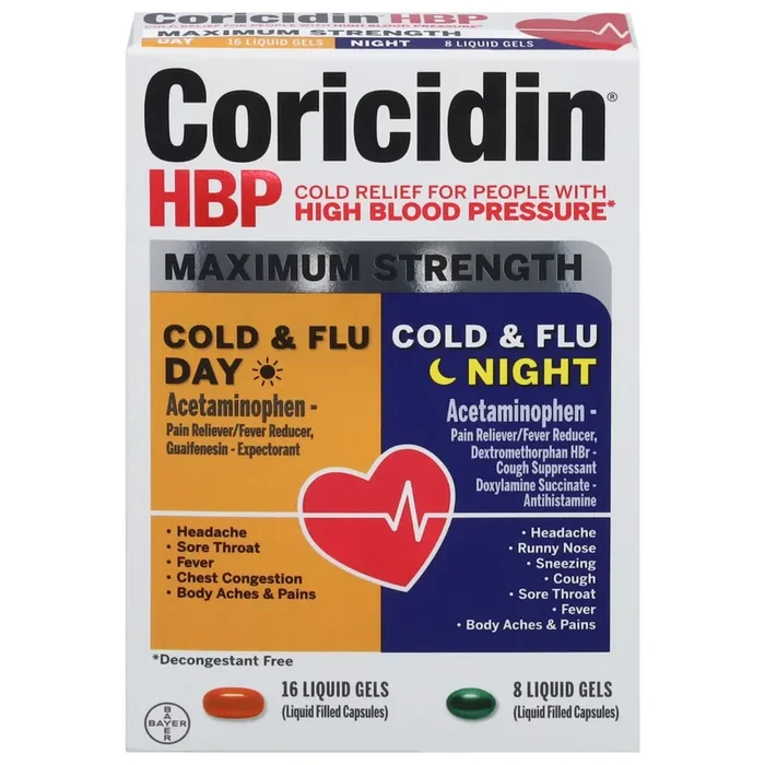 Coricidin HBP Day/Night Maximum Strength Cold & Flu 24 Liquid Gels
