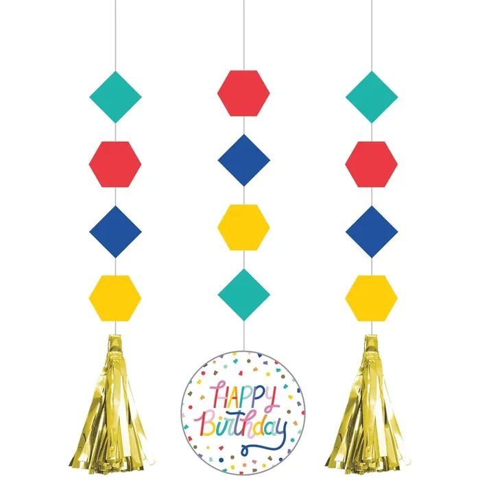 Creative Converting Happy Birthday Confetti Theme Hanging Danglers, 3 pk