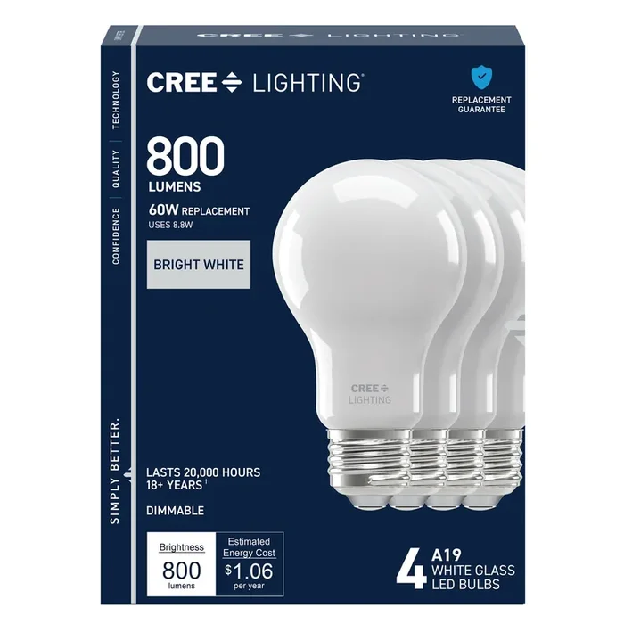 Cree Lighting 60 -Watt EQ A19 Bright white Screw bases Dimmable LED General purpose Light Bulb 4 -Pack
