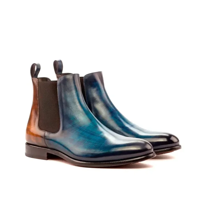DapperFam Monza in Denim / Brown Men’s Hand-Painted Patina Chelsea Boot