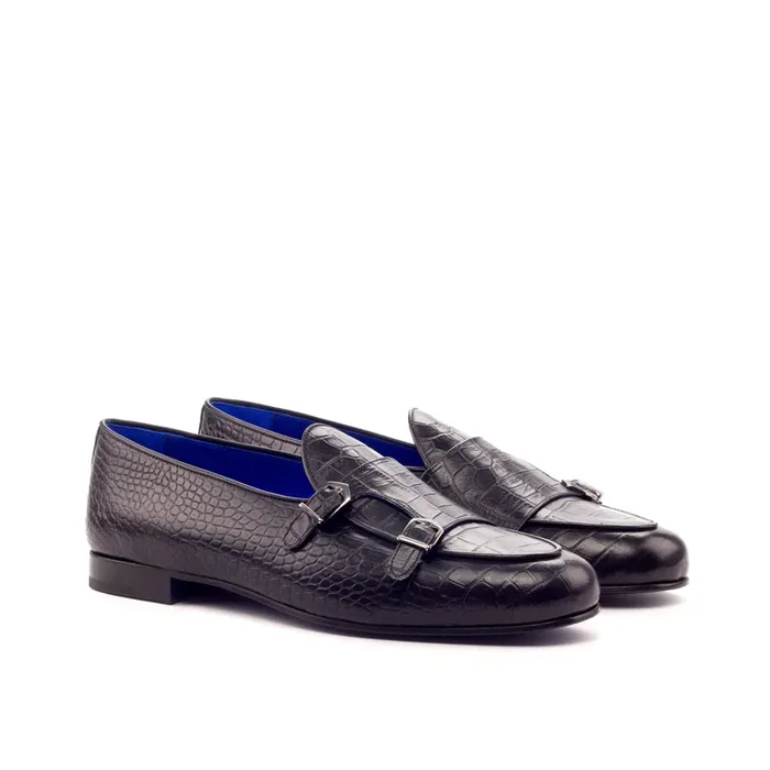DapperFam Rialto in Black Men’s Italian Croco Embossed Leather Monk Slipper