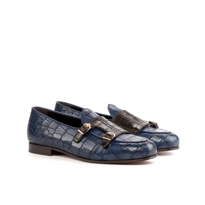 DapperFam Rialto in Dark Brown / Navy Men’s Italian Leather Monk Slipper