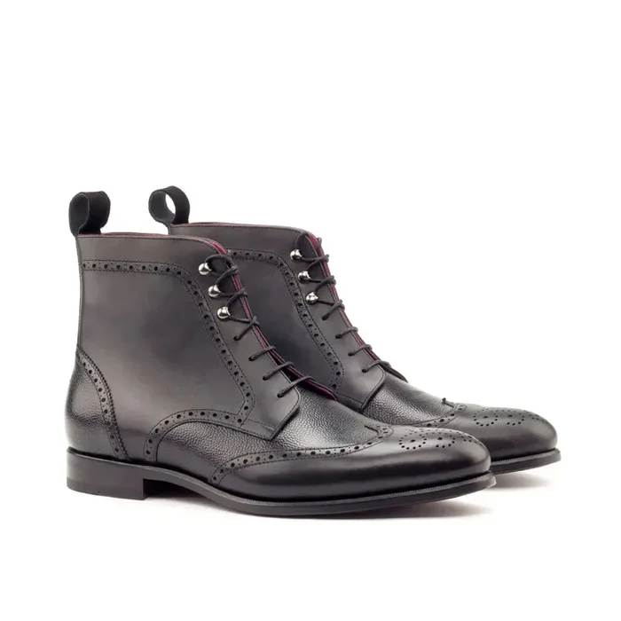 DapperFam Valiant in Black Men’s Italian Suede & Pebble Grain Leather Military Brogue