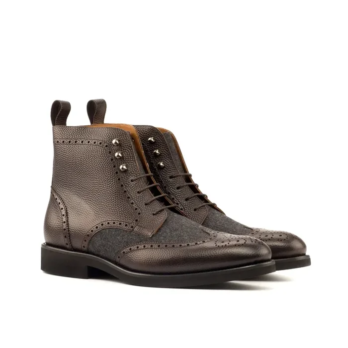 DapperFam Valiant in Dark Brown / Dark Grey Men’s Flannel & Italian Pebble Grain Leather Military Brogue