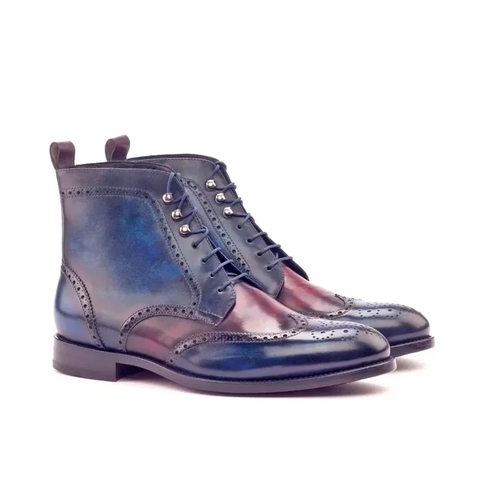 DapperFam Valiant in Denim / Burgundy Men’s Hand-Painted Patina Military Brogue