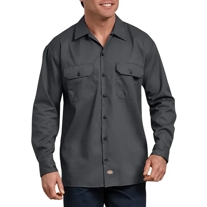 Dickies Men‘s Gray Jersey Long sleeve Solid Button-down shirt ( Medium )