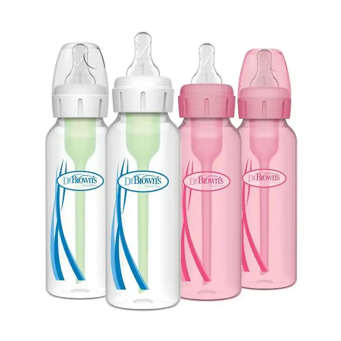 Dr. Brown‘s 8oz Anti-Colic Options+ Narrow Baby Bottle with Level 1 Slow Flow Nipple – 4pk – 0m+ – Blue & Clear