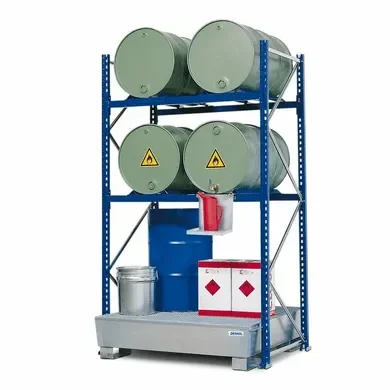 Drum Rack with Spill Containment Sump – 4 Drum Horizontal – 4 Drum Vertical – 3 Levels – 54 x 36 x 96 8 Drum Containment Rack Systems