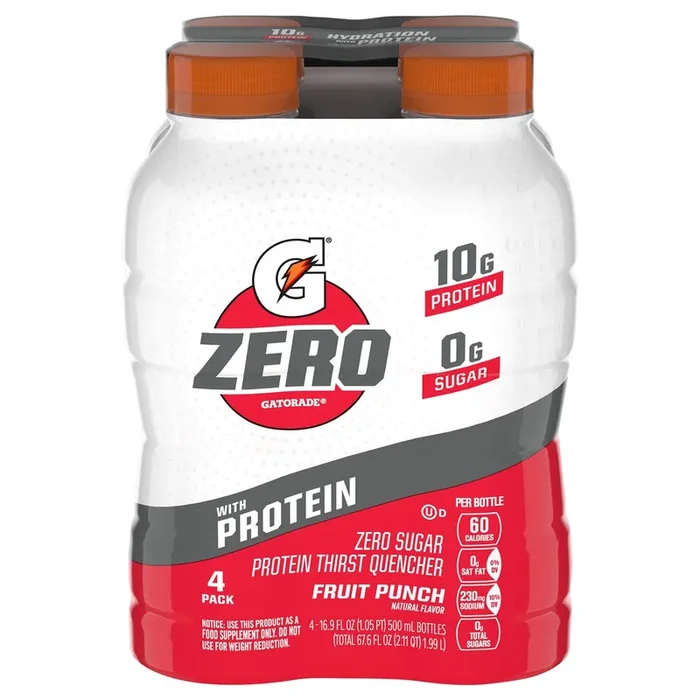 Gatorade Zero Zero Sugar Protein Thirst Quencher Fruit Punch Natural Flavor 16.9 Fl Oz 4 Count Bottles