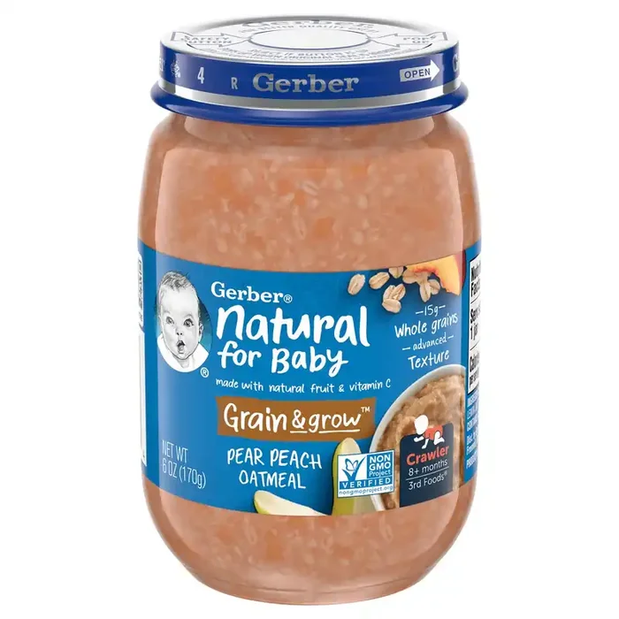 Gerber 3rd Foods Natural for Baby Grain & Grow Baby Food, Pear Peach Oatmeal, 6 oz Jar